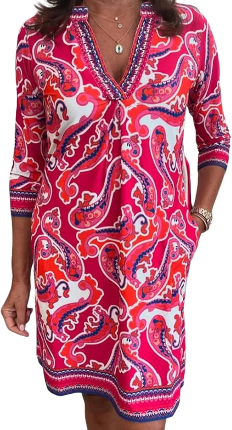 Women's Pink Paisley Print Deep V-Neck 3/4 Sleeve Casual Dress 2025 Spring Comfortable Wearing Midi Dresses