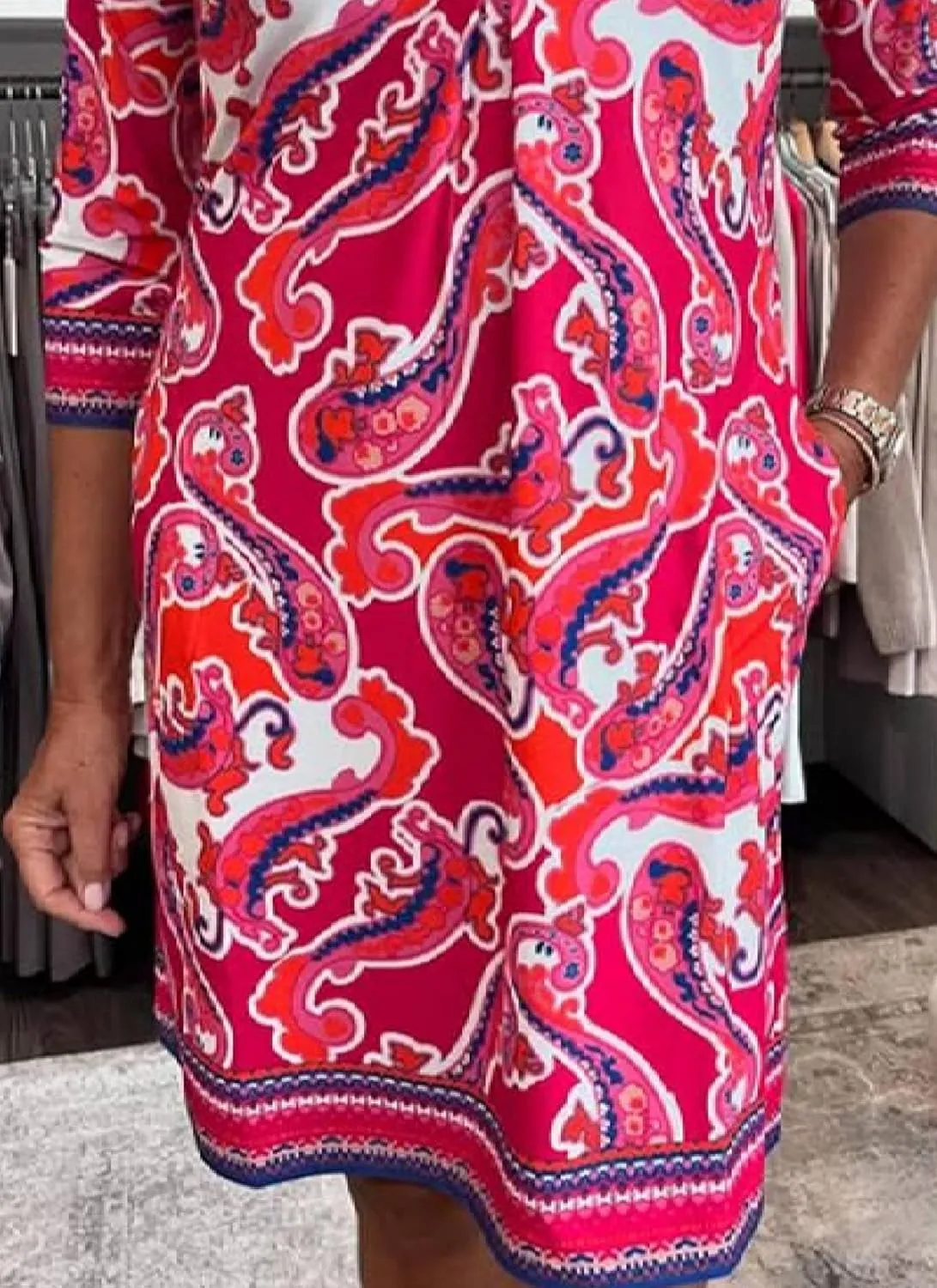 Women's Pink Paisley Print Deep V-Neck 3/4 Sleeve Casual Dress 2025 Spring Comfortable Wearing Midi Dresses