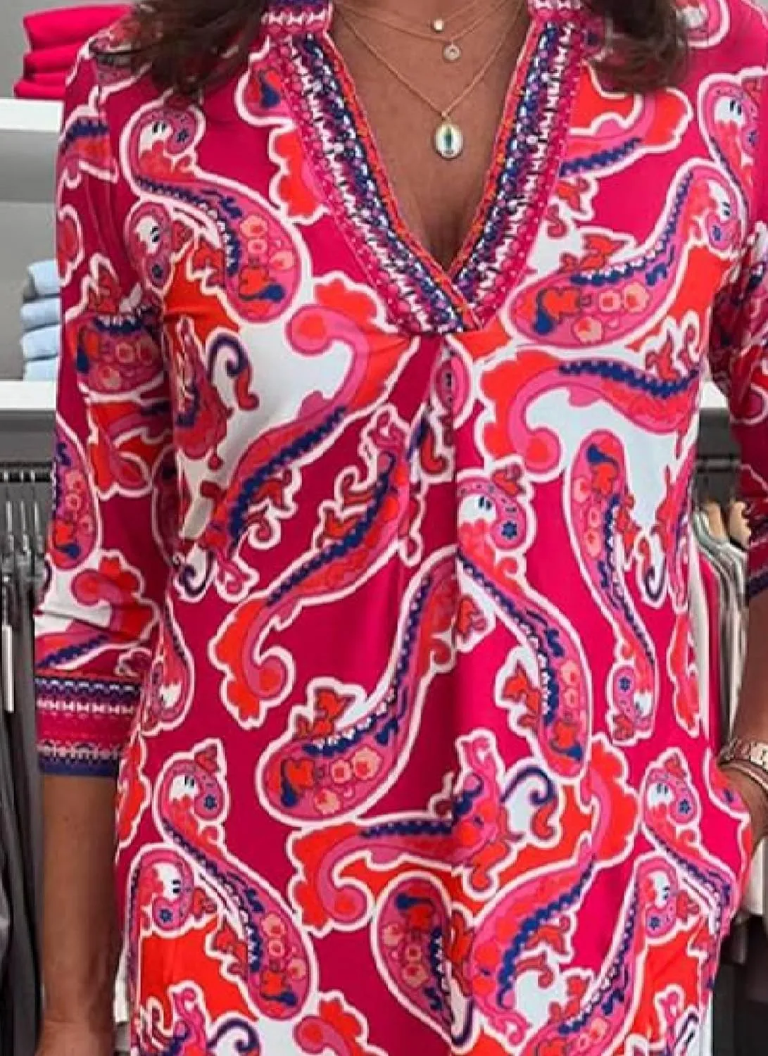 Women's Pink Paisley Print Deep V-Neck 3/4 Sleeve Casual Dress 2025 Spring Comfortable Wearing Midi Dresses