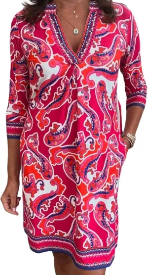 Women's Pink Paisley Print Deep V-Neck 3/4 Sleeve Casual Dress 2025 Spring Comfortable Wearing Midi Dresses