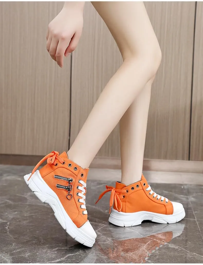 Women's Platform Side Zipper Design Canvas Shoes, Casual Lace Up Outdoor Shoes, Comfortable Valentine's Day Sneakers