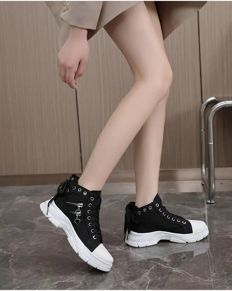 Women's Platform Side Zipper Design Canvas Shoes, Casual Lace Up Outdoor Shoes, Comfortable Valentine's Day Sneakers