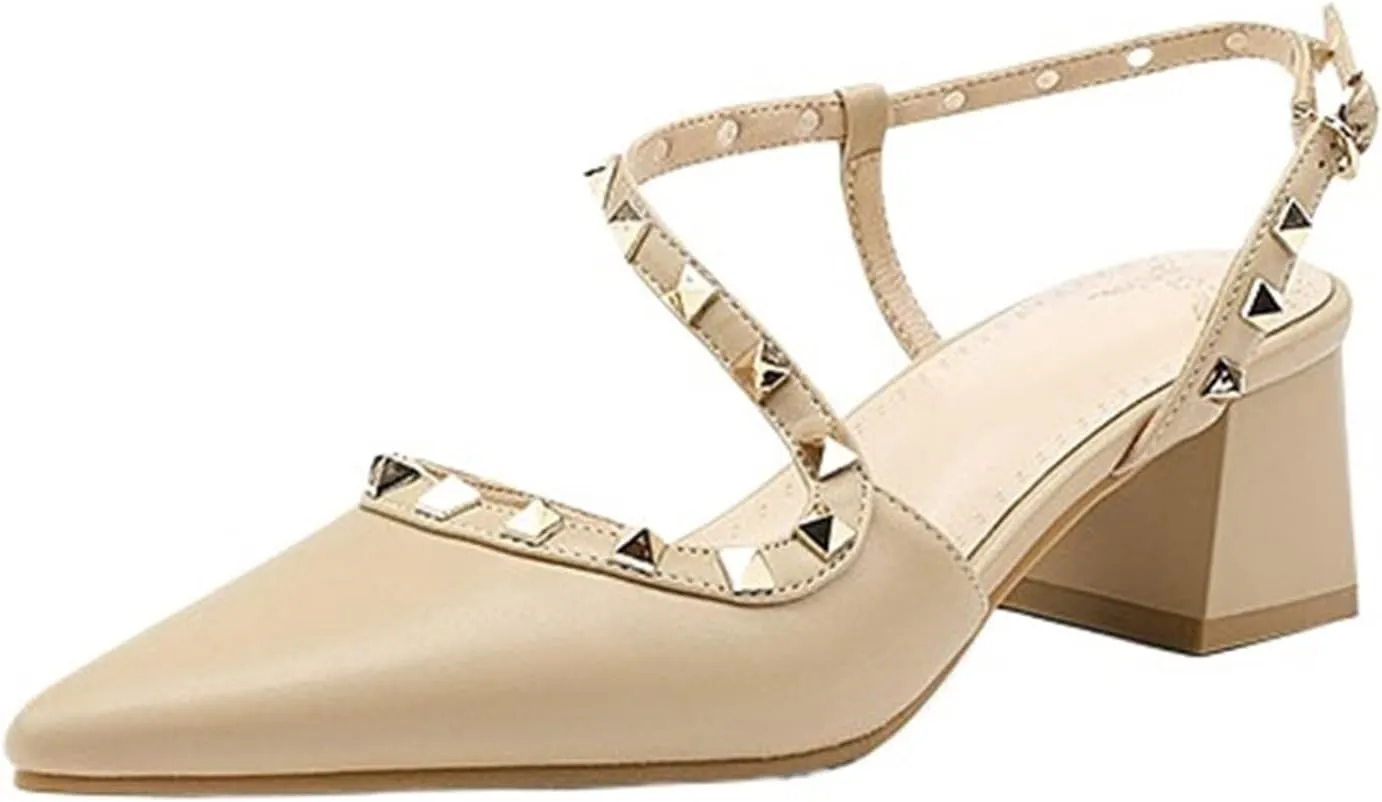 Women's Pointed Closed Toe Chunky Heels Sandals Strappy Block Heeled Sandals Wedding Party Work Pumps Shoes