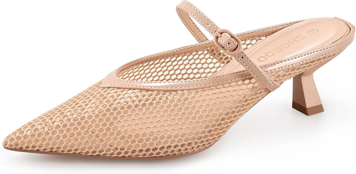 Women's Pointed Toe Kitten Heels Mesh Dress Sandals Slip On Pump Shoes with Strap for Casual Party Office
