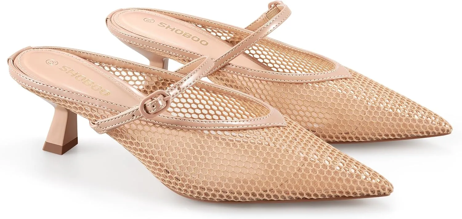 Women's Pointed Toe Kitten Heels Mesh Dress Sandals Slip On Pump Shoes with Strap for Casual Party Office