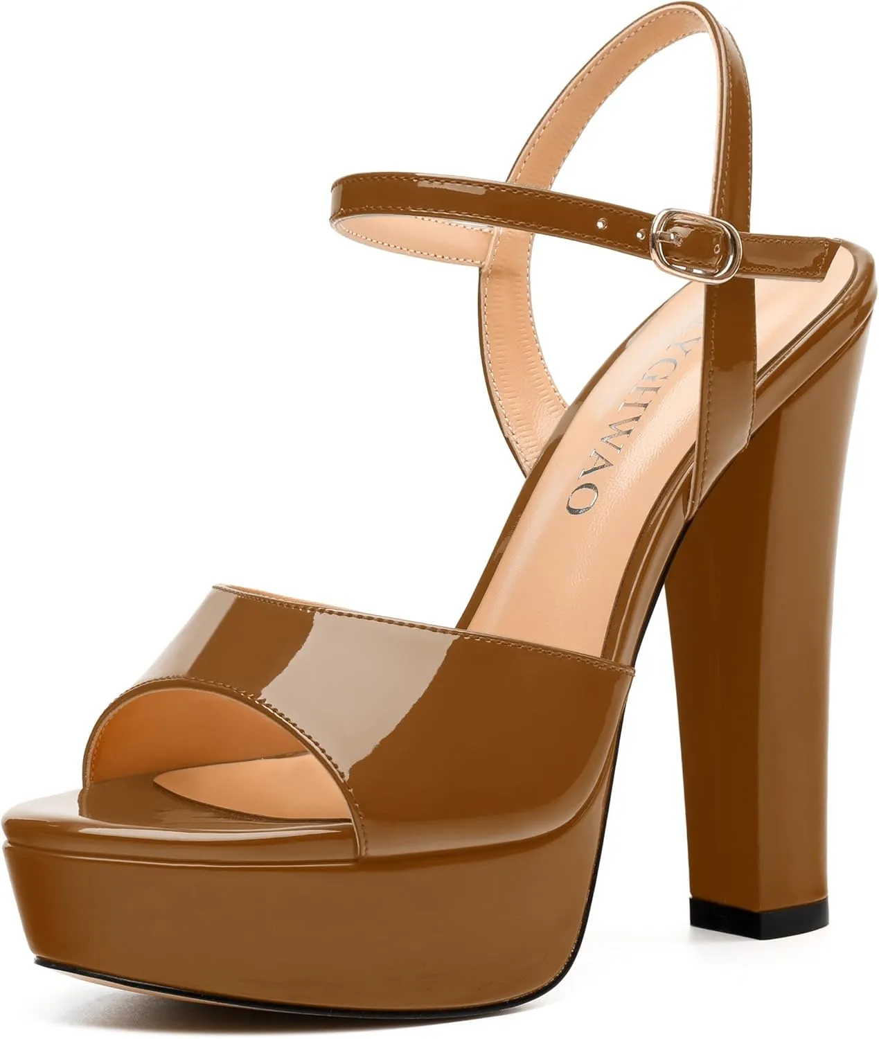 Womens Sandals, Round Open Toe Platform Sandals, Adjustable Ankle Strap Buckle High Heels, Fashion Solid Patent Sandals