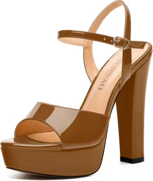 Womens Sandals, Round Open Toe Platform Sandals, Adjustable Ankle Strap Buckle High Heels, Fashion Solid Patent Sandals