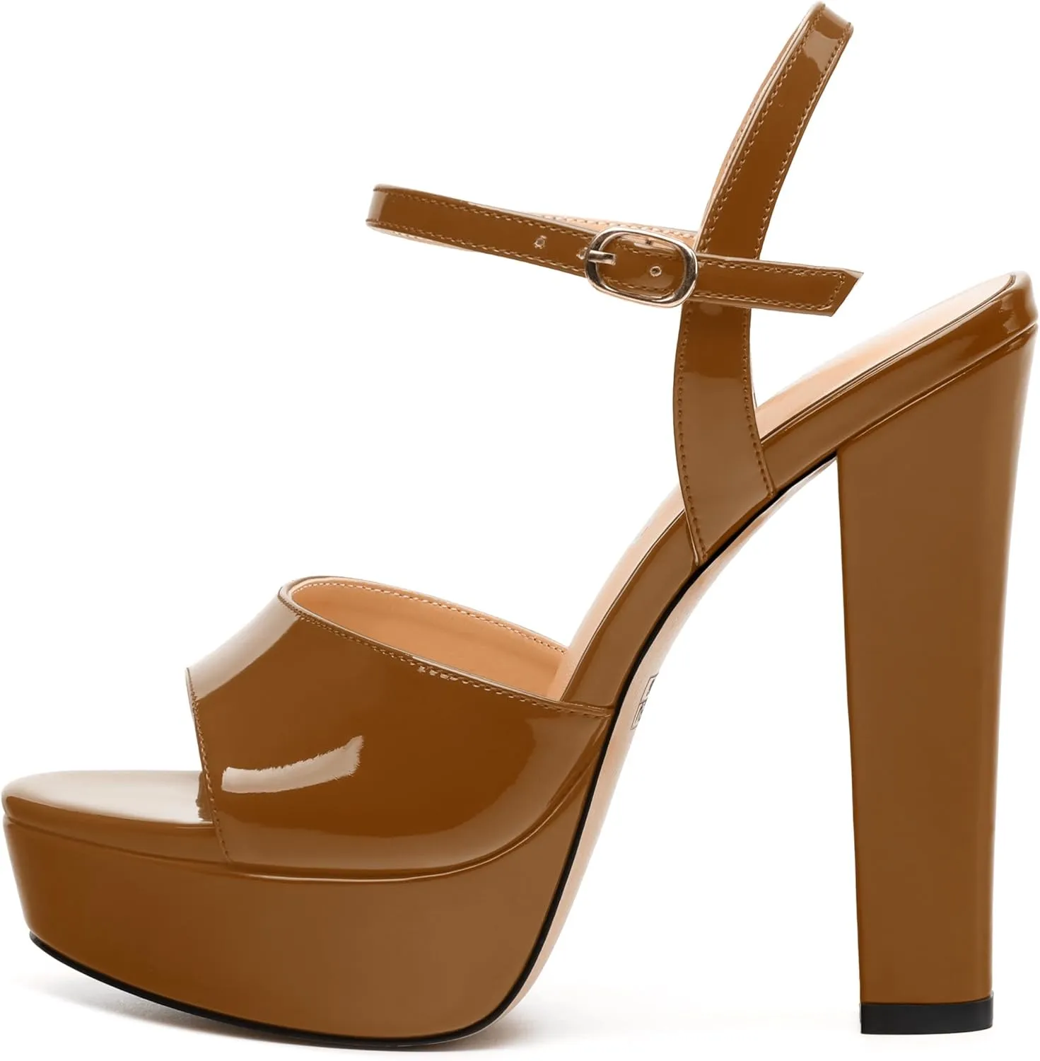 Womens Sandals, Round Open Toe Platform Sandals, Adjustable Ankle Strap Buckle High Heels, Fashion Solid Patent Sandals