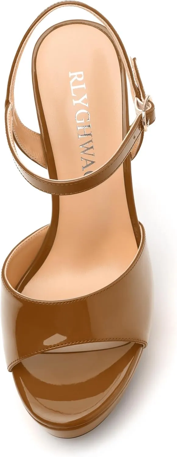 Womens Sandals, Round Open Toe Platform Sandals, Adjustable Ankle Strap Buckle High Heels, Fashion Solid Patent Sandals