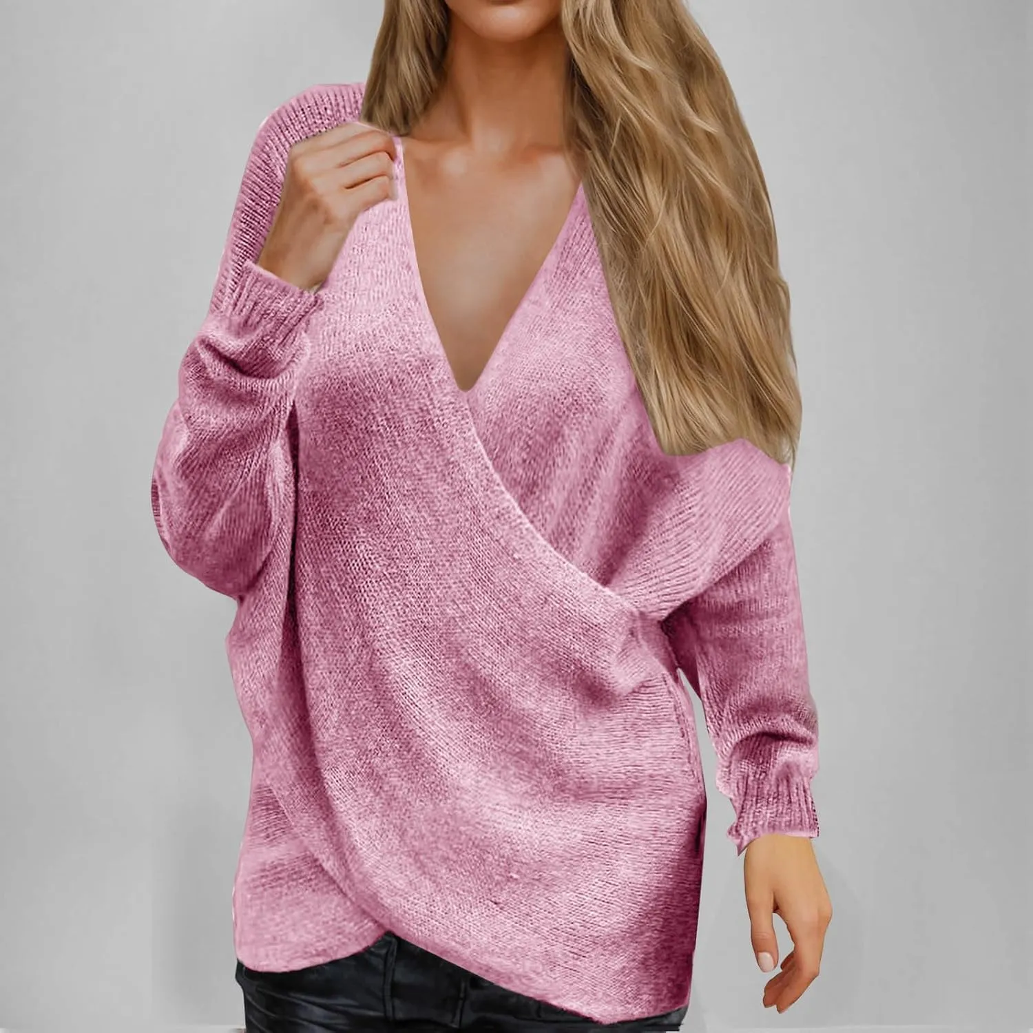 Women's Sexy Sweater V Neck Solid Color Cross Knit Drop Shoulder Shirts Lazy Fashion Lightweight 2024 Winter Outfits