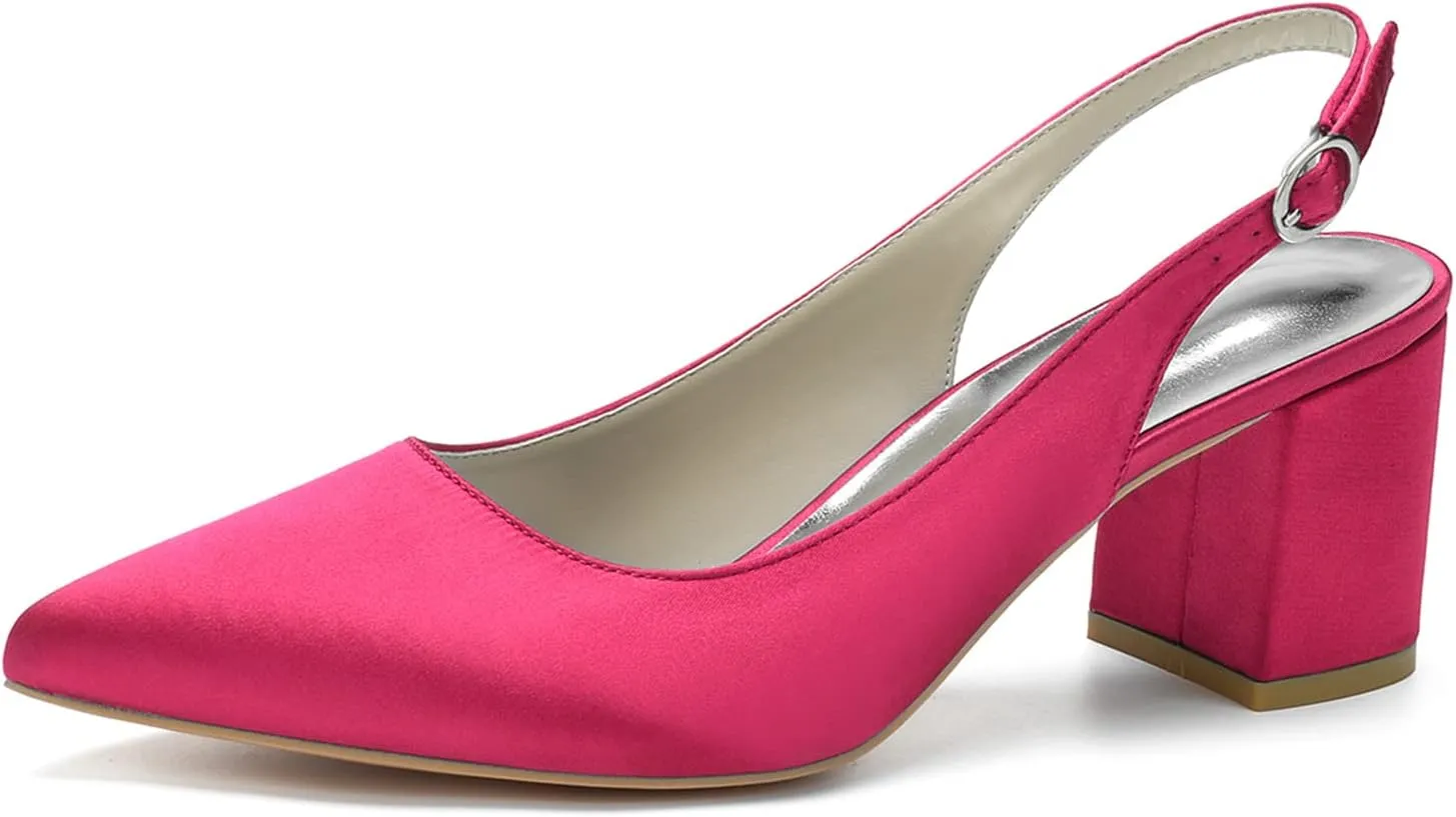 Womens Slingback Closed Pointed Toe Heels Satin Strap Block Chunky Heel Office Bridal Pumps Shoes