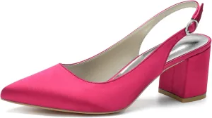 Womens Slingback Closed Pointed Toe Heels Satin Strap Block Chunky Heel Office Bridal Pumps Shoes
