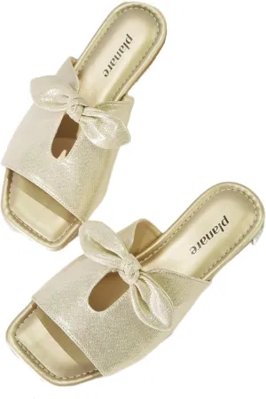 Women's Square Toe Slide Sandals Single Band Hollow with Twist Bowknot Metallic Luster Elegant Mules Beach Non-Slip Slippers for Daily Wear and Vacation