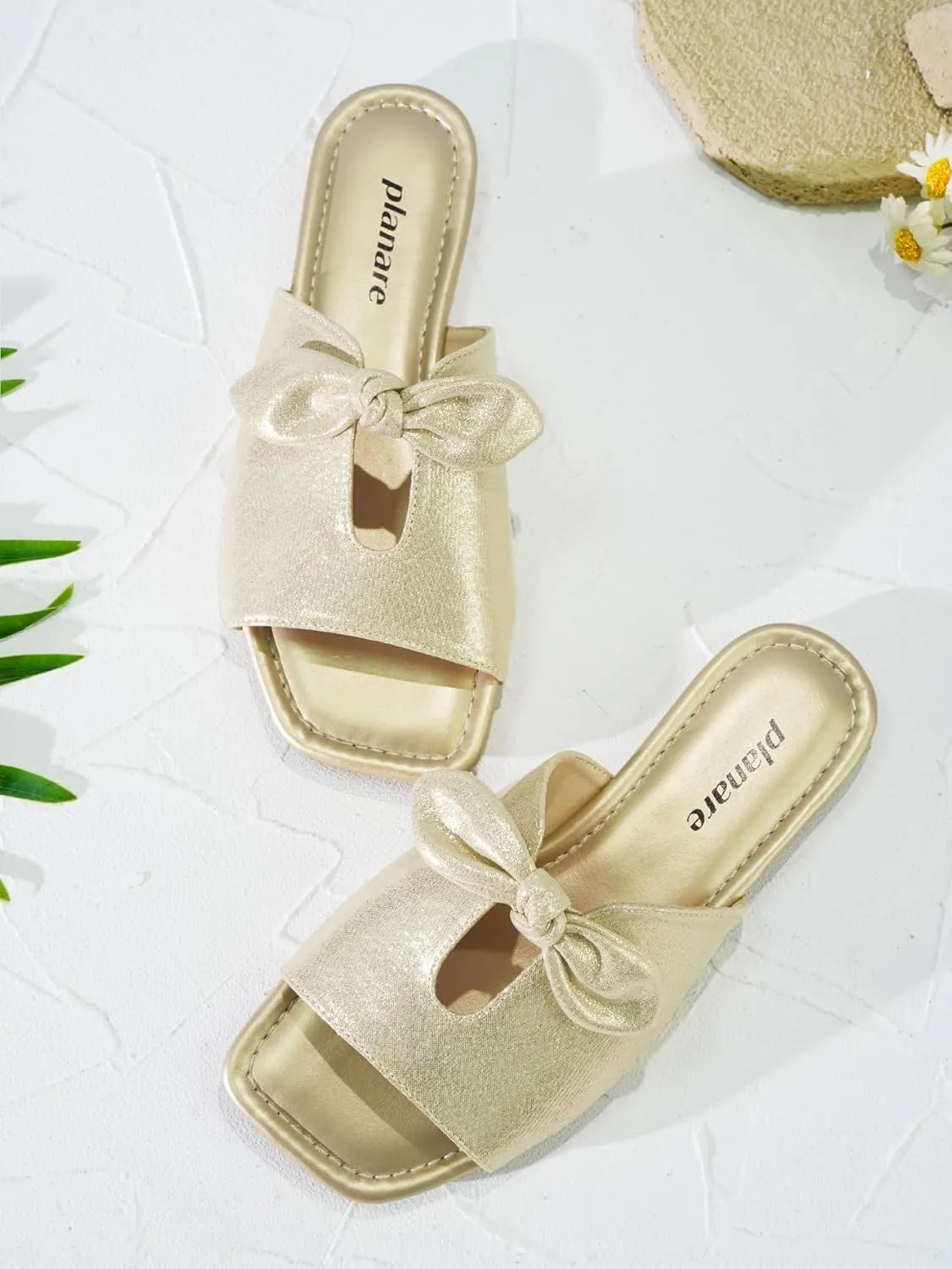 Women's Square Toe Slide Sandals Single Band Hollow with Twist Bowknot Metallic Luster Elegant Mules Beach Non-Slip Slippers for Daily Wear and Vacation