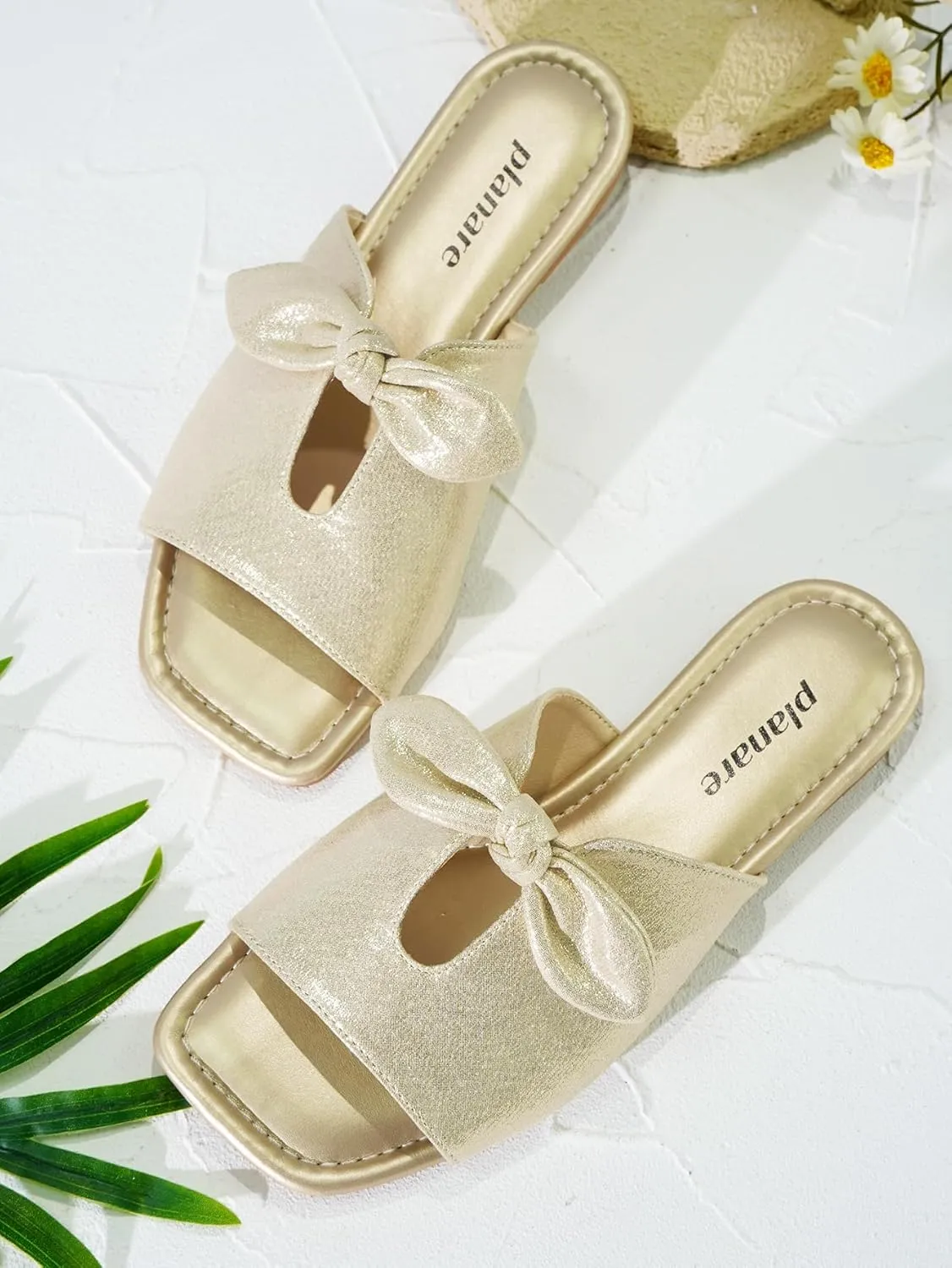 Women's Square Toe Slide Sandals Single Band Hollow with Twist Bowknot Metallic Luster Elegant Mules Beach Non-Slip Slippers for Daily Wear and Vacation