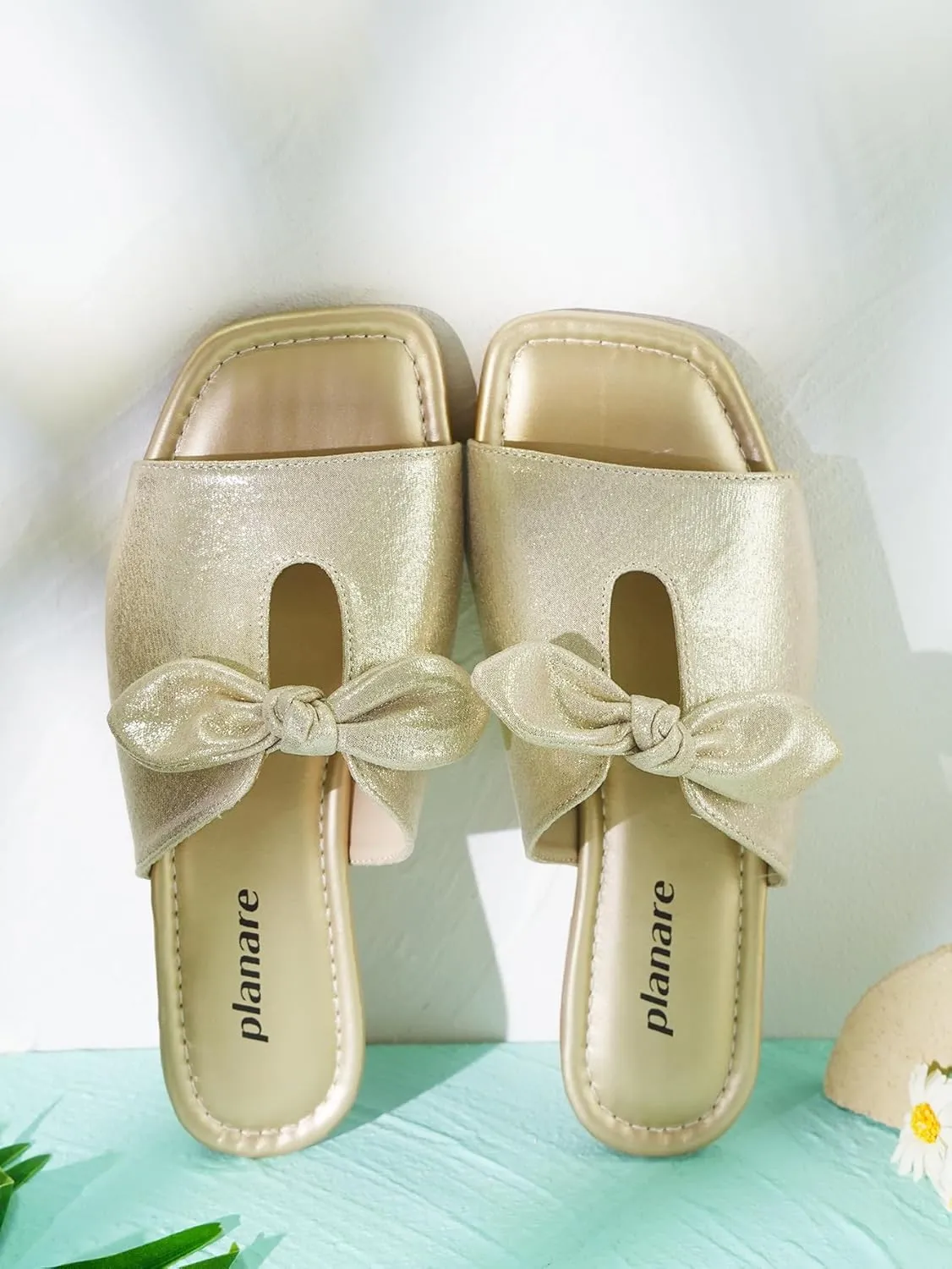 Women's Square Toe Slide Sandals Single Band Hollow with Twist Bowknot Metallic Luster Elegant Mules Beach Non-Slip Slippers for Daily Wear and Vacation