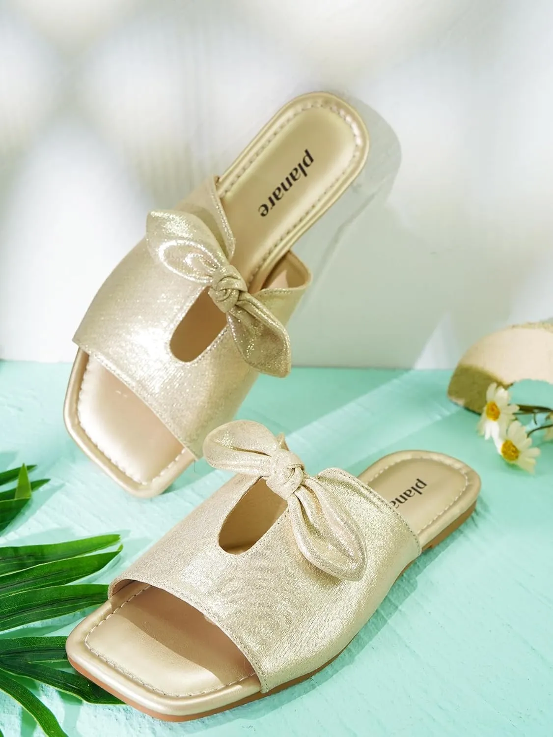 Women's Square Toe Slide Sandals Single Band Hollow with Twist Bowknot Metallic Luster Elegant Mules Beach Non-Slip Slippers for Daily Wear and Vacation