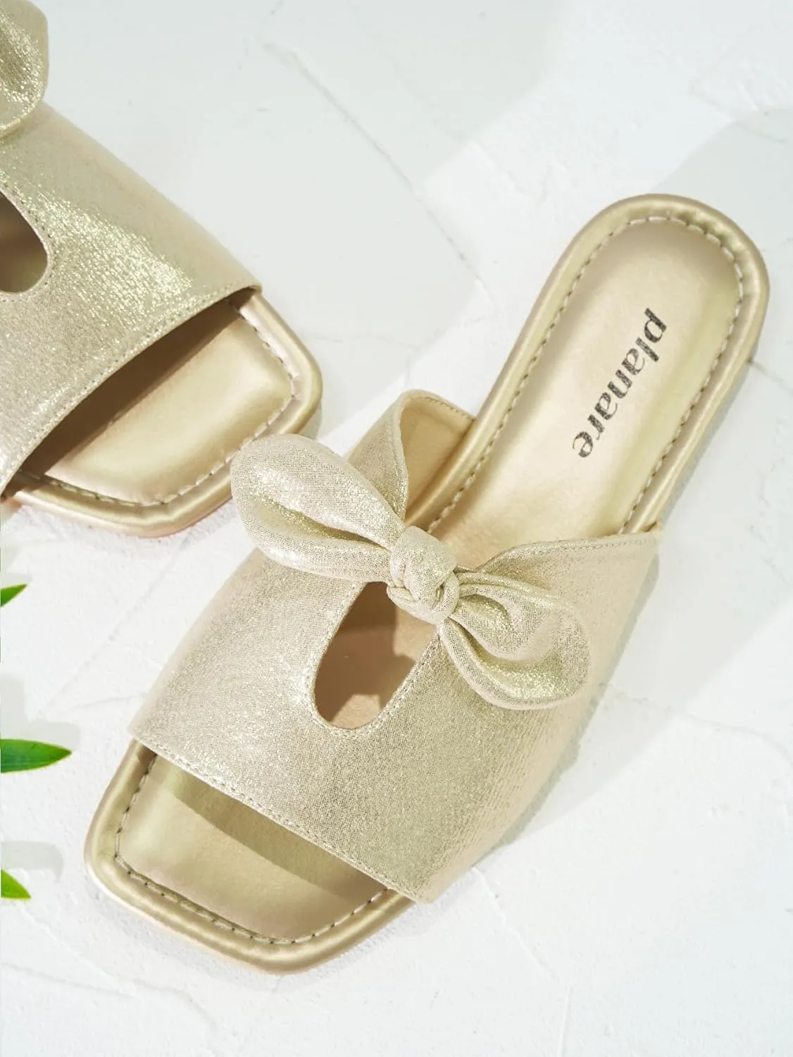 Women's Square Toe Slide Sandals Single Band Hollow with Twist Bowknot Metallic Luster Elegant Mules Beach Non-Slip Slippers for Daily Wear and Vacation