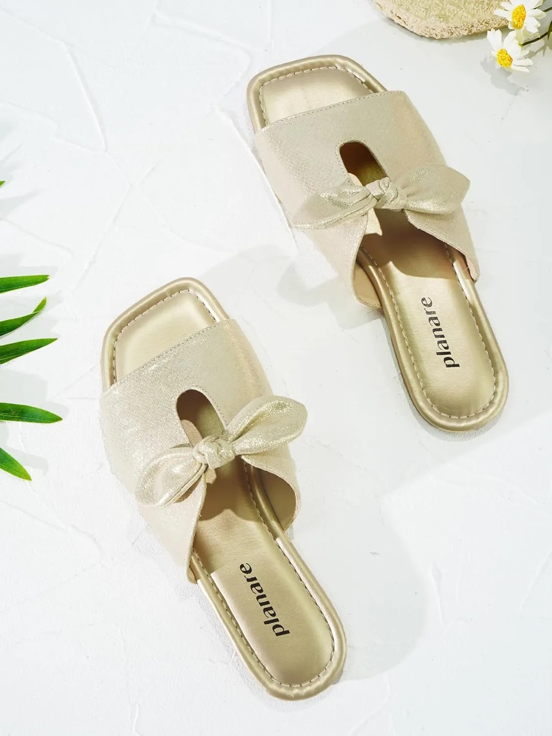 Women's Square Toe Slide Sandals Single Band Hollow with Twist Bowknot Metallic Luster Elegant Mules Beach Non-Slip Slippers for Daily Wear and Vacation