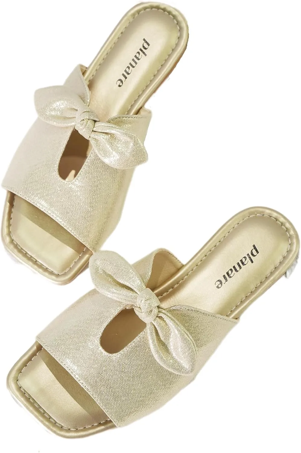 Women's Square Toe Slide Sandals Single Band Hollow with Twist Bowknot Metallic Luster Elegant Mules Beach Non-Slip Slippers for Daily Wear and Vacation