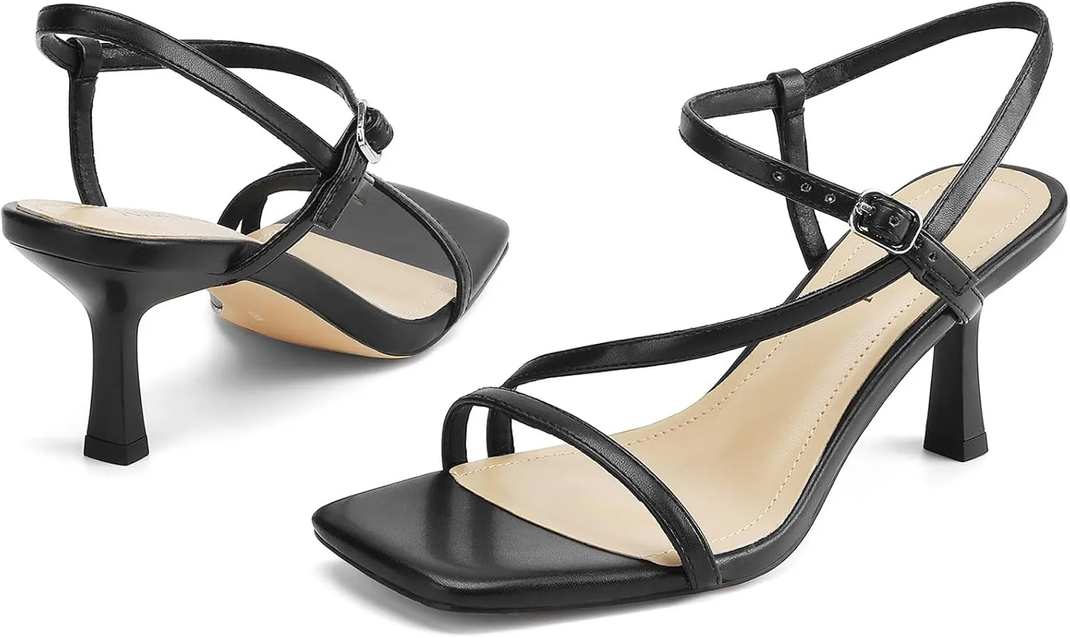 Womens Strappy Heels Kitten Low Heeled Sandals Square Open Toe Ankle Strap Party Wedding Dress Shoes