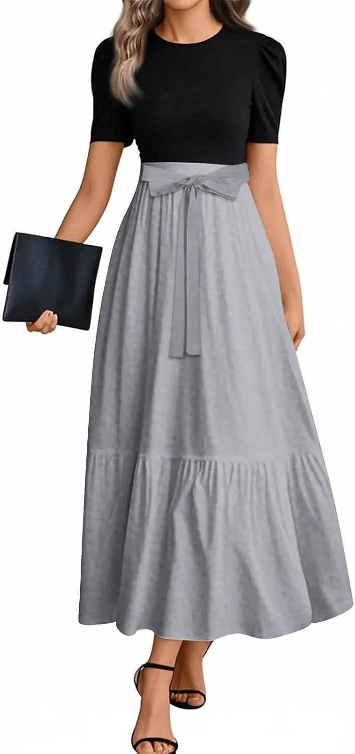Women's Summer 2025 Fashion Dress Casual Tie Waist Short Sleeve Round Neck Solid Color Patchwork Elegant Flowy Maxi Dresses