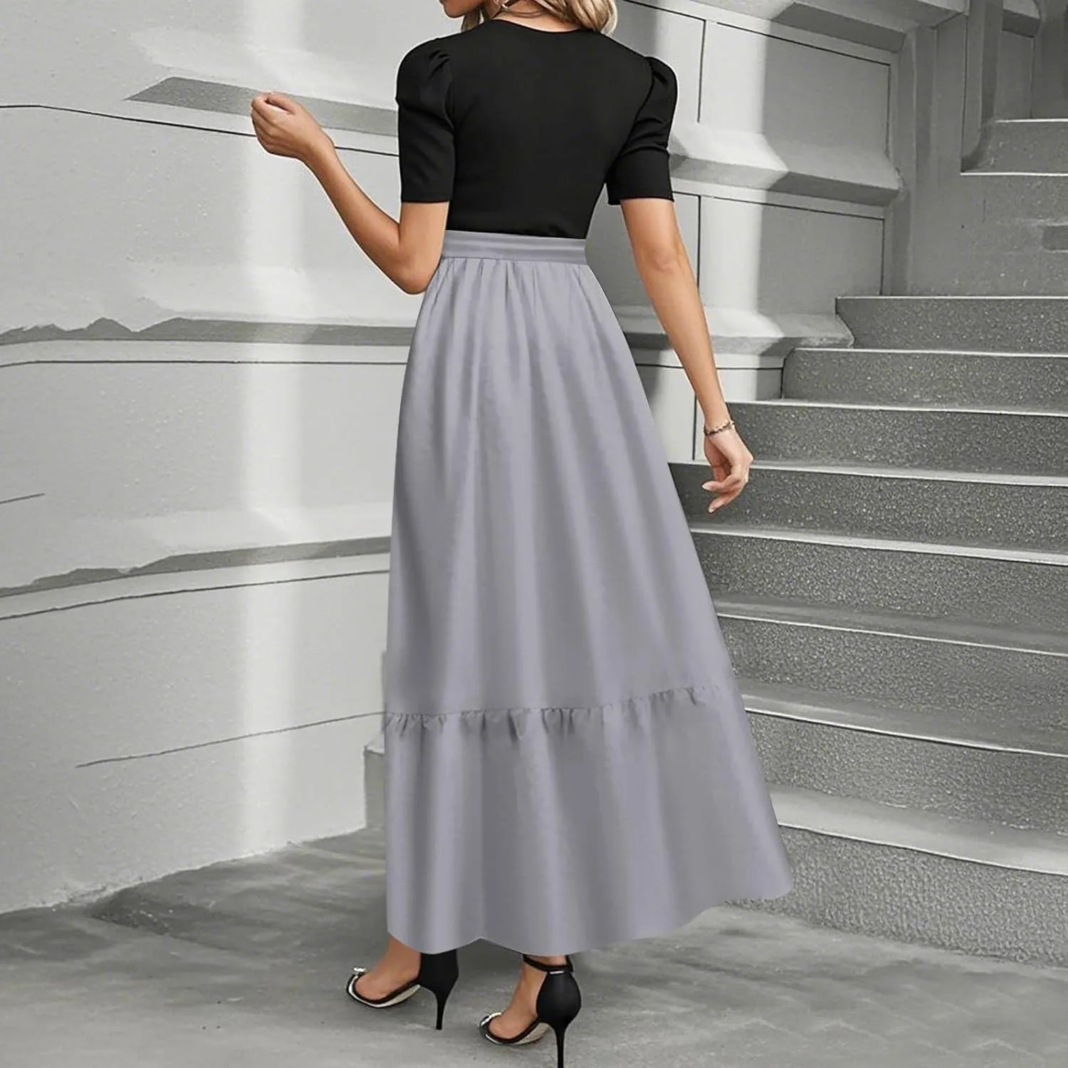 Women's Summer 2025 Fashion Dress Casual Tie Waist Short Sleeve Round Neck Solid Color Patchwork Elegant Flowy Maxi Dresses