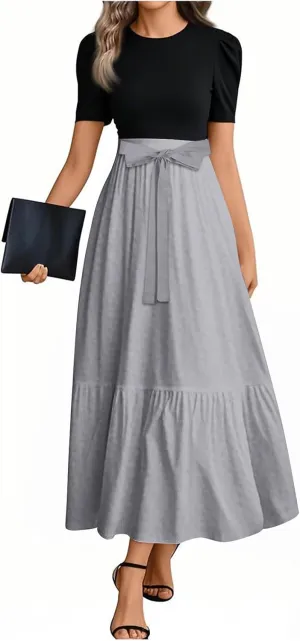 Women's Summer 2025 Fashion Dress Casual Tie Waist Short Sleeve Round Neck Solid Color Patchwork Elegant Flowy Maxi Dresses