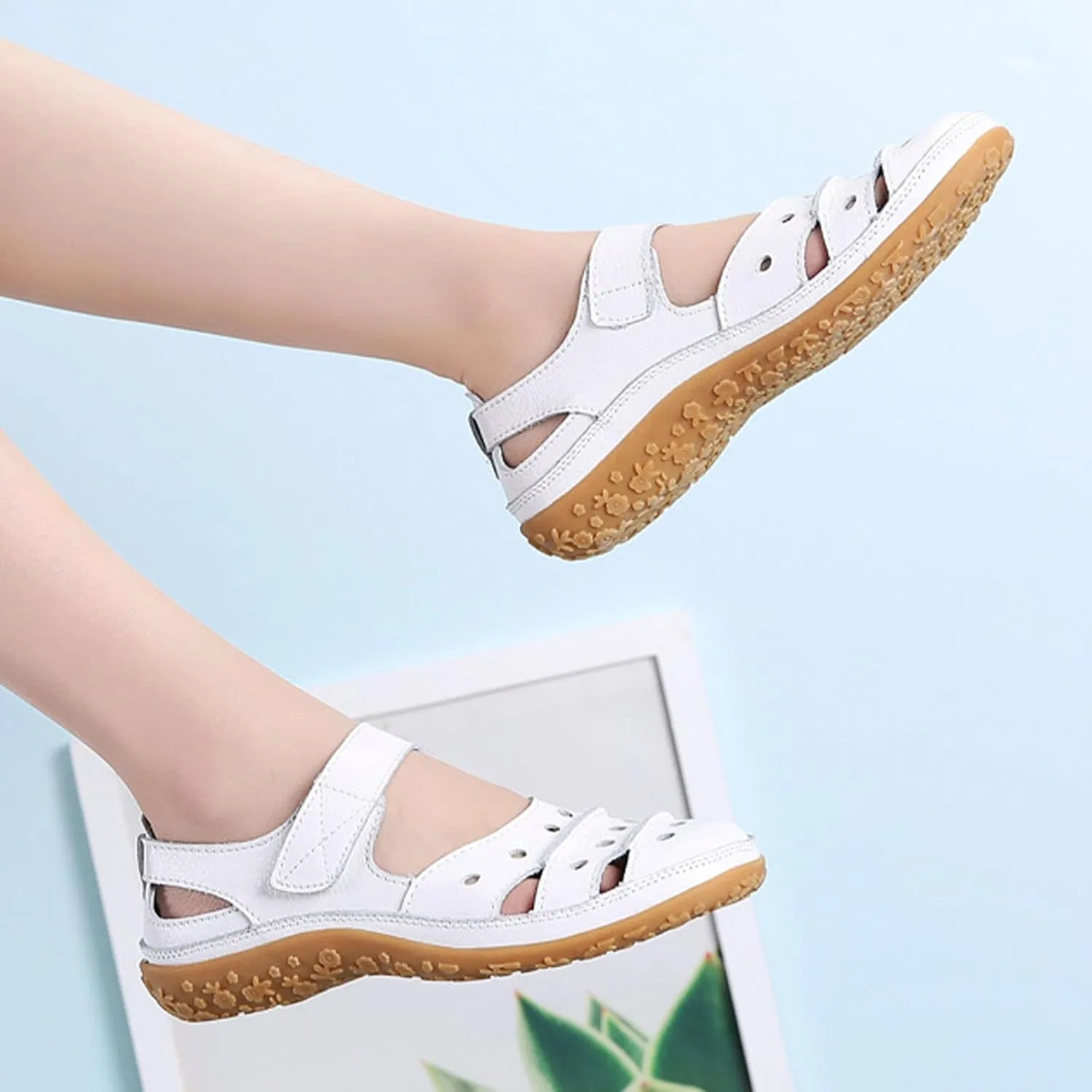 Women's Summer Casual Closed Toe Leather Sandals,Comfortable Soft Sole Ankle Strap Mary Jane Orthopedic Beach Shoes