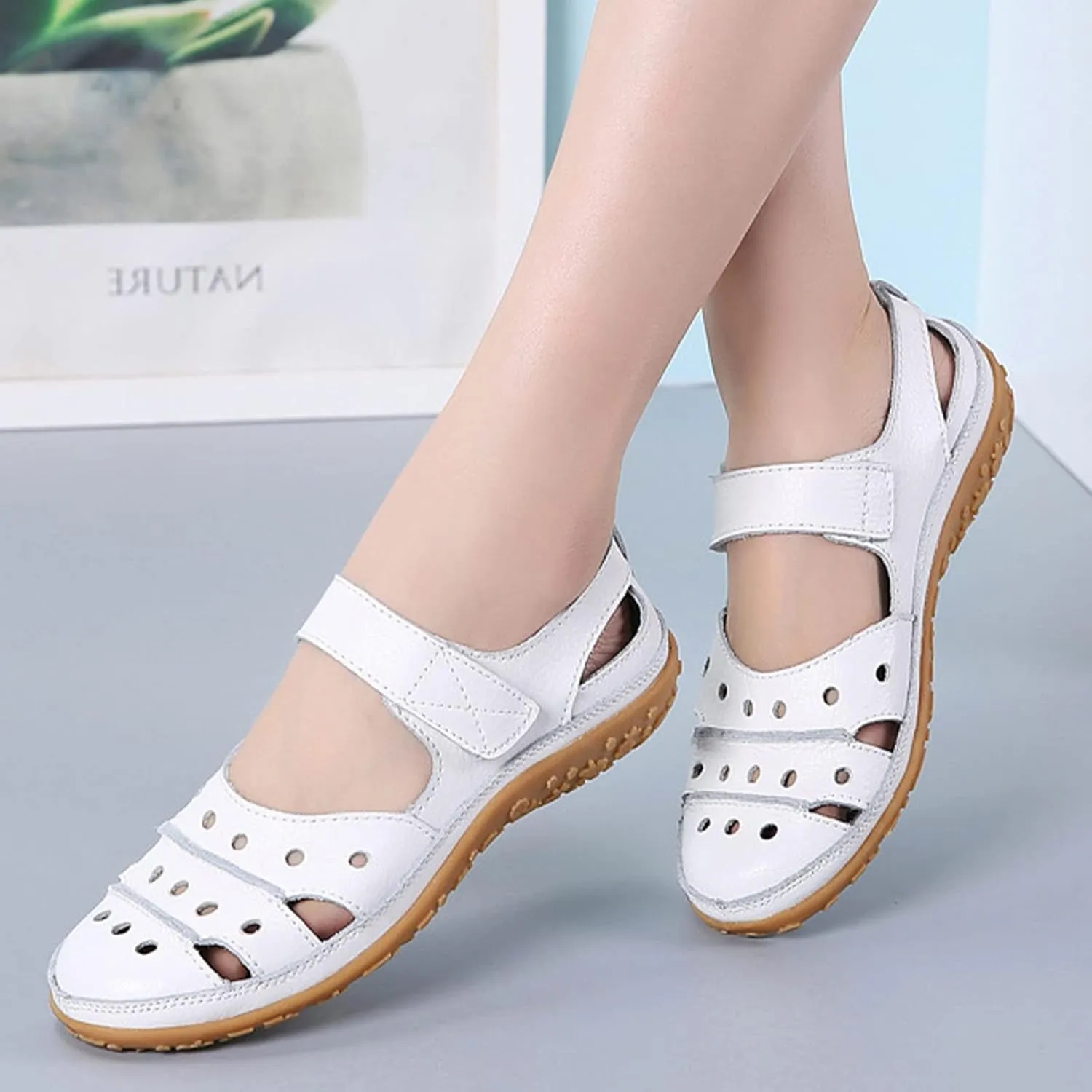 Women's Summer Casual Closed Toe Leather Sandals,Comfortable Soft Sole Ankle Strap Mary Jane Orthopedic Beach Shoes