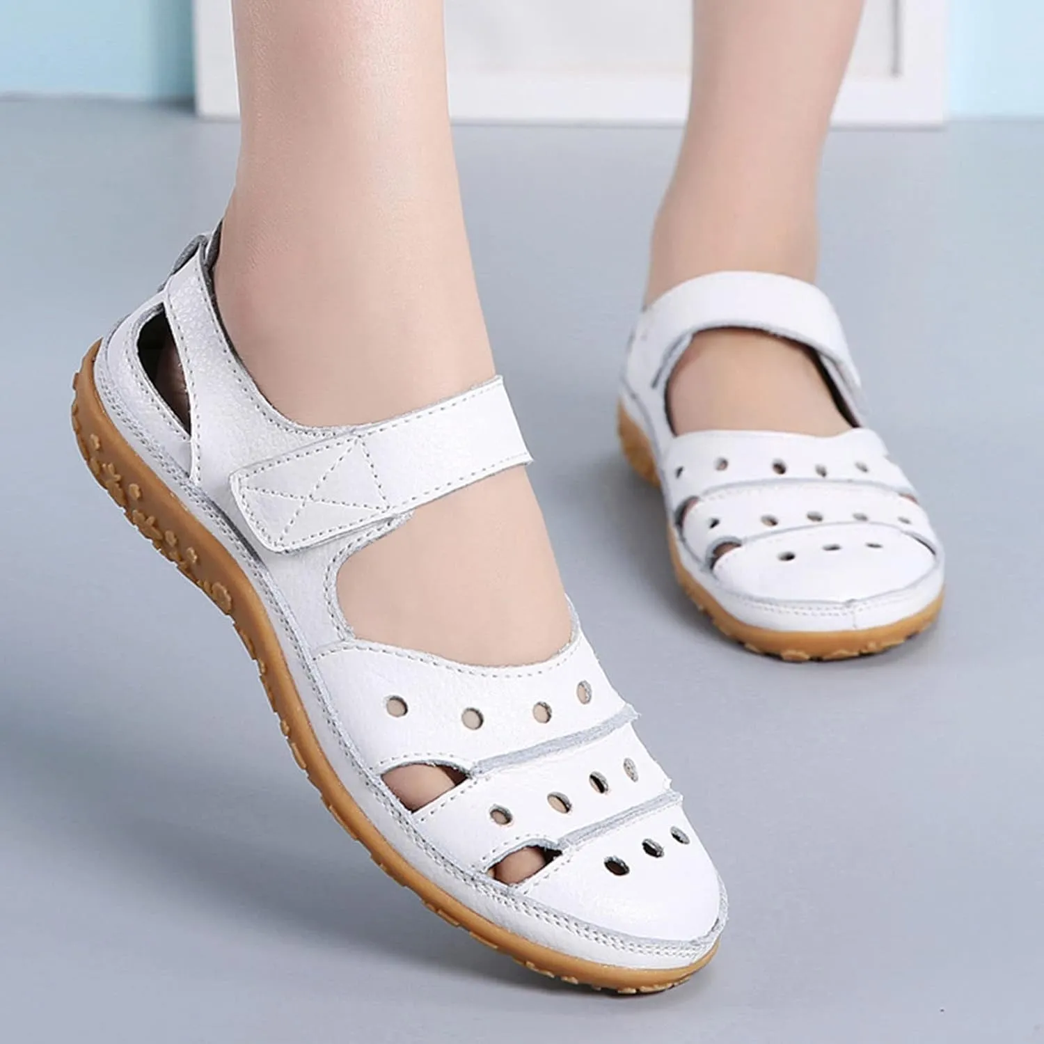 Women's Summer Casual Closed Toe Leather Sandals,Comfortable Soft Sole Ankle Strap Mary Jane Orthopedic Beach Shoes