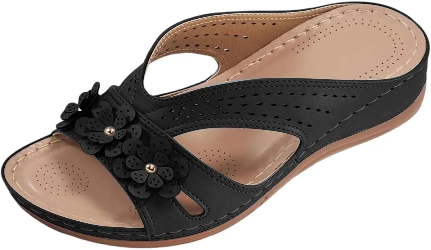Women's Wide Width Sandals for Beach Walking Summer Fancy Flower Slippers with Arch Support Flat Slides