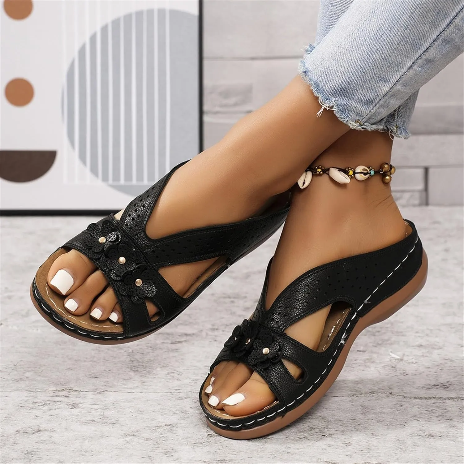 Women's Wide Width Sandals for Beach Walking Summer Fancy Flower Slippers with Arch Support Flat Slides