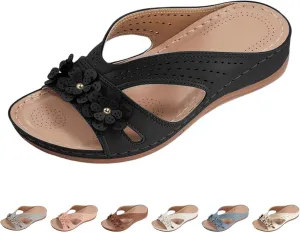 Women's Wide Width Sandals for Beach Walking Summer Fancy Flower Slippers with Arch Support Flat Slides