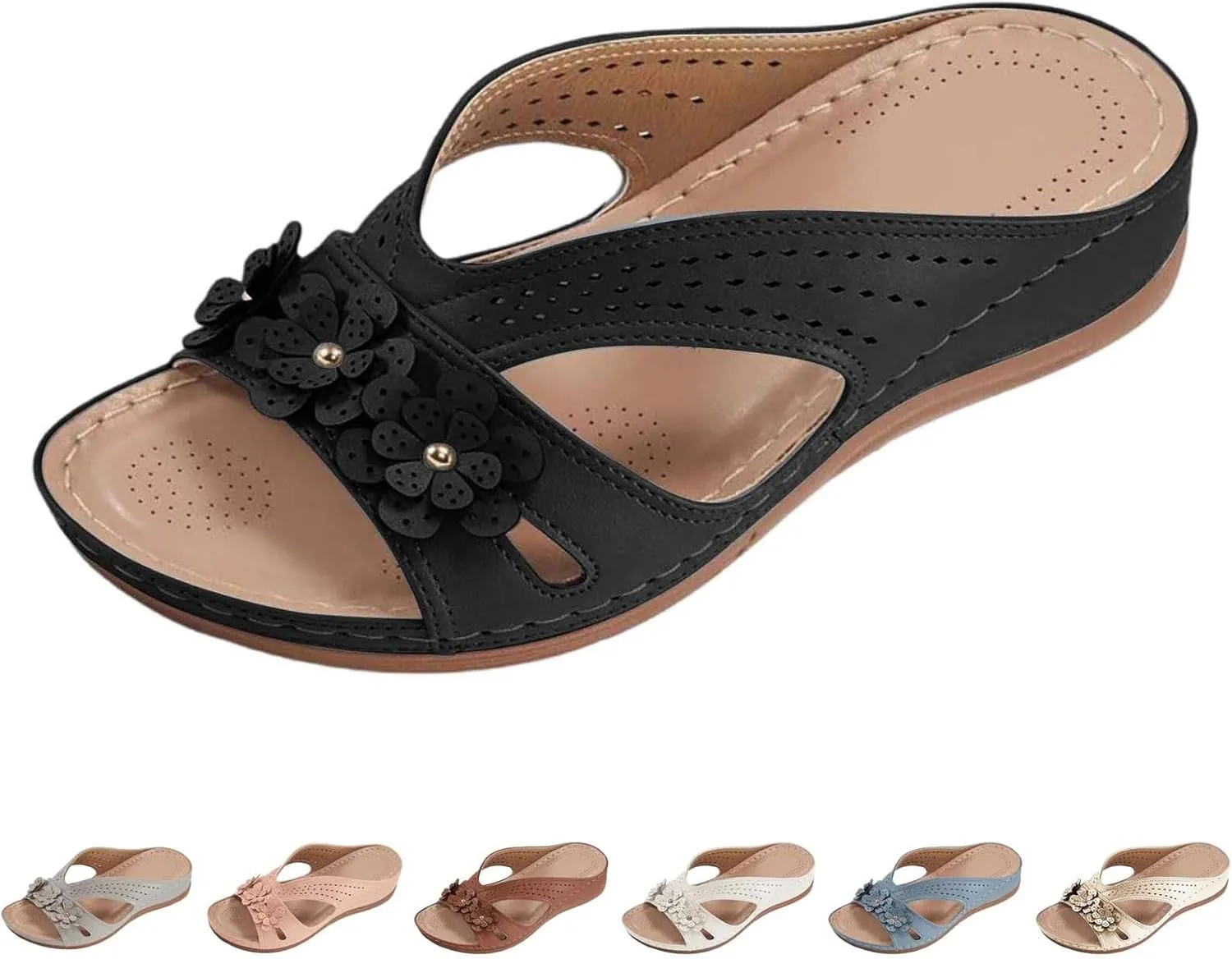 Women's Wide Width Sandals for Beach Walking Summer Fancy Flower Slippers with Arch Support Flat Slides