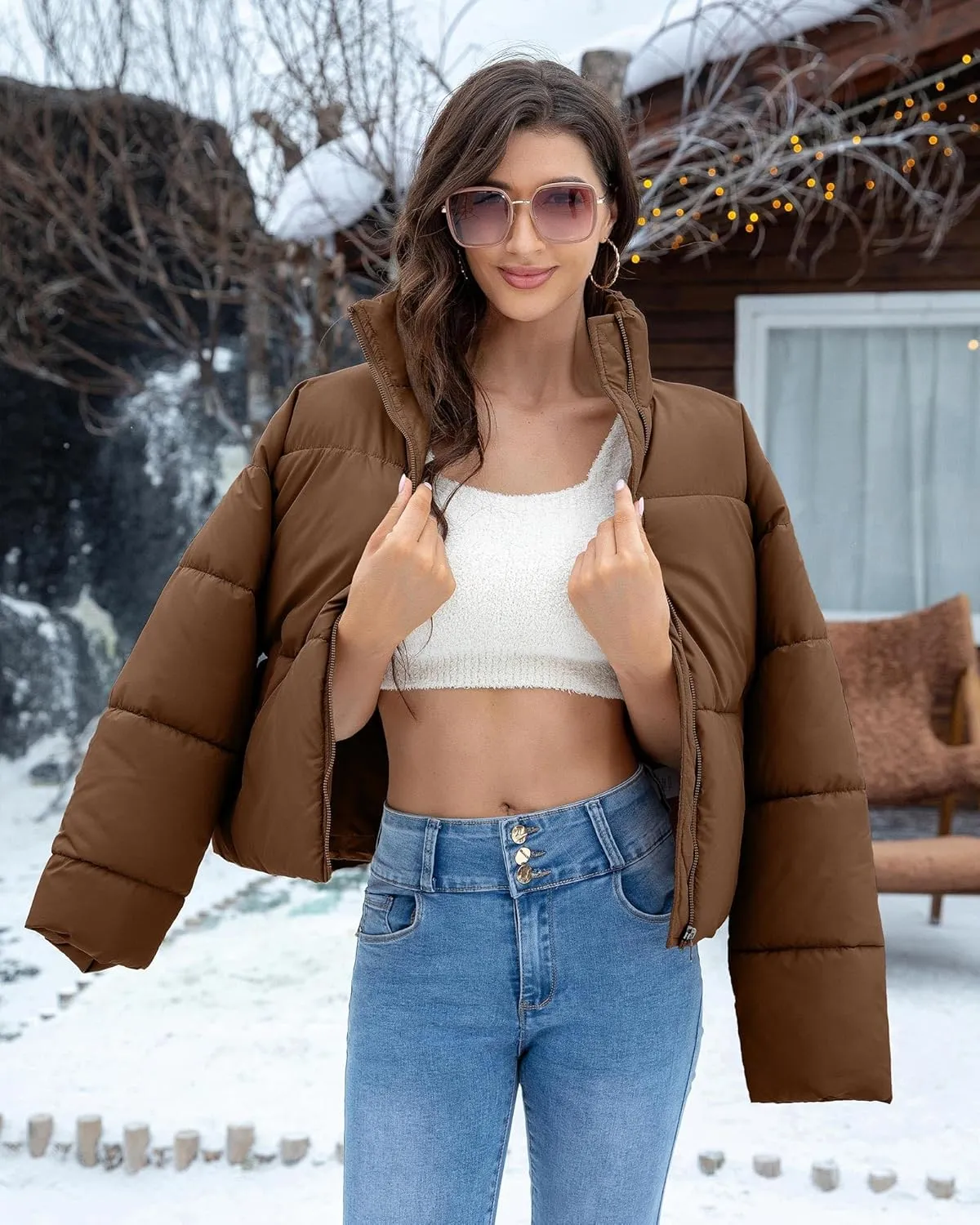 Women's Winter Quilted Jackets Casual Long Sleeve Puffer Coat Padded Outwear Fall Fashion 2024 with Pockets