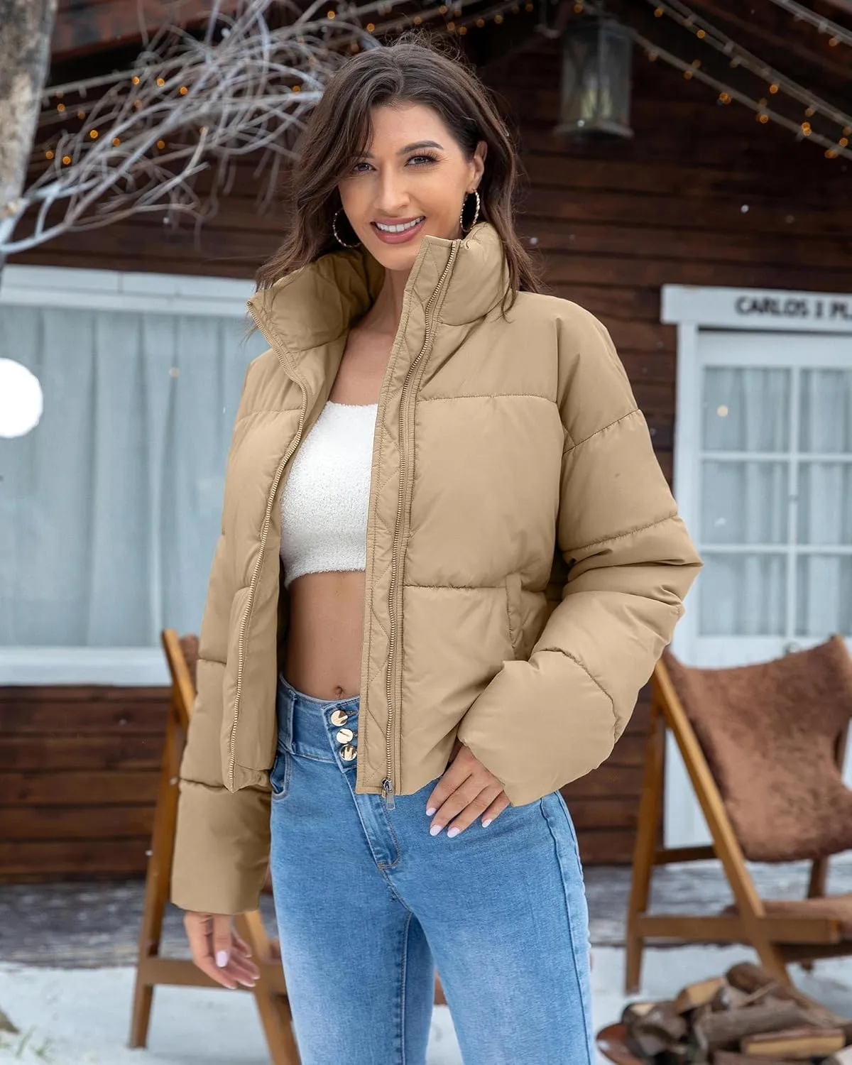 Women's Winter Quilted Jackets Casual Long Sleeve Puffer Coat Padded Outwear Fall Fashion 2024 with Pockets