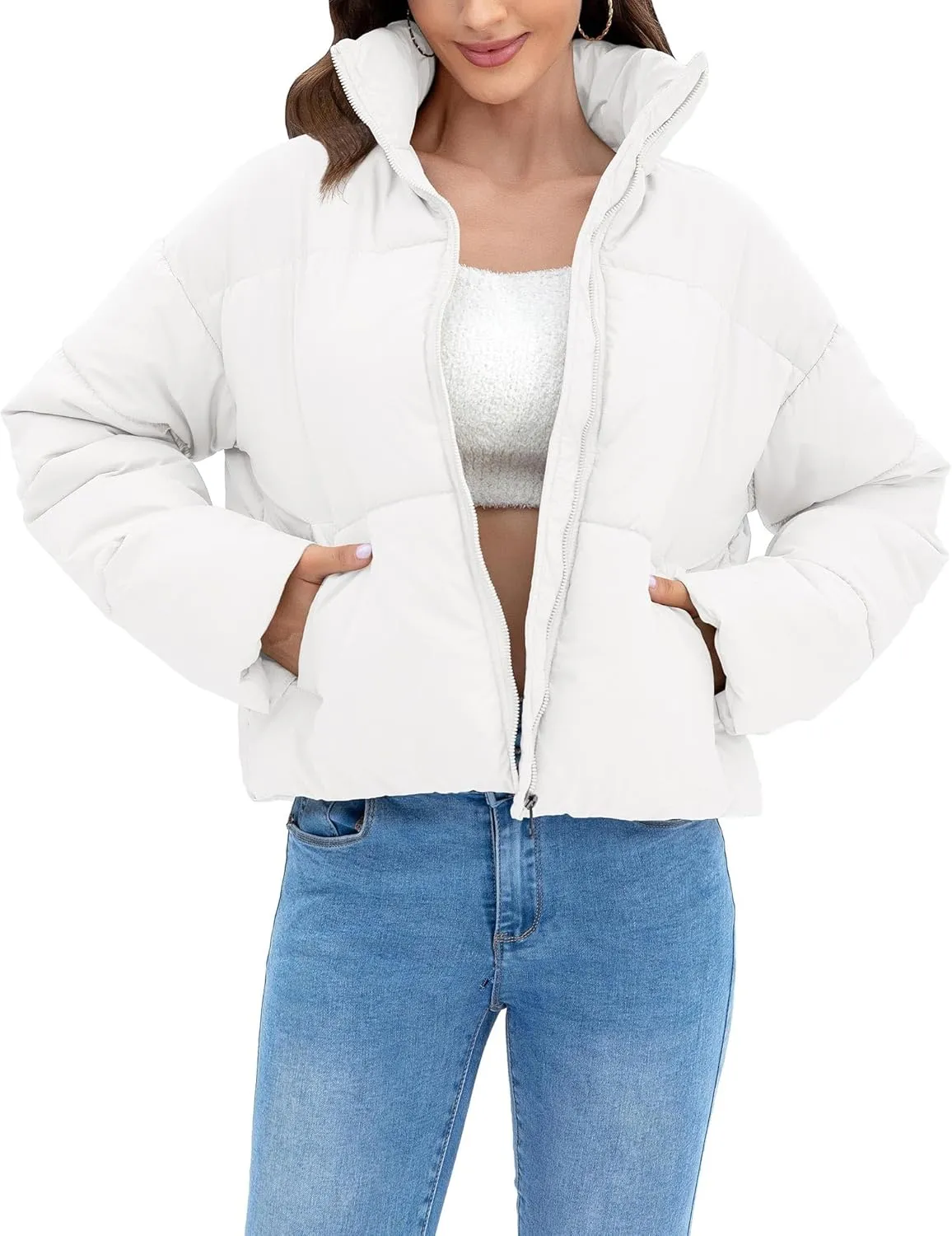 Women's Winter Quilted Jackets Casual Long Sleeve Puffer Coat Padded Outwear Fall Fashion 2024 with Pockets