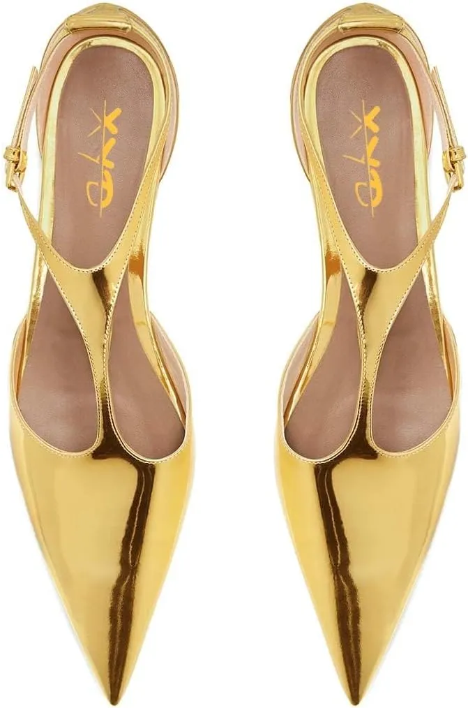 XYD Women Chic Pointed Closed Toe Flats Sleek Low Heel Chunky Slender T-Strap with Buckle Dress Party Casual Shoes
