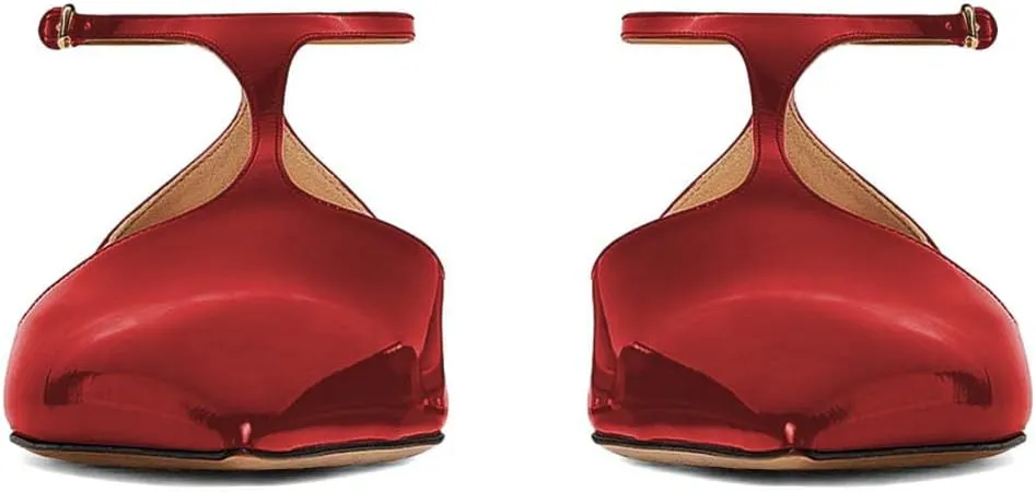 XYD Women Chic Pointed Closed Toe Flats Sleek Low Heel Chunky Slender T-Strap with Buckle Dress Party Casual Shoes