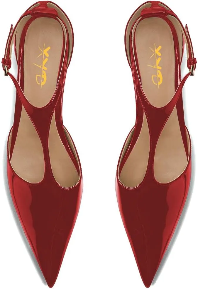 XYD Women Chic Pointed Closed Toe Flats Sleek Low Heel Chunky Slender T-Strap with Buckle Dress Party Casual Shoes