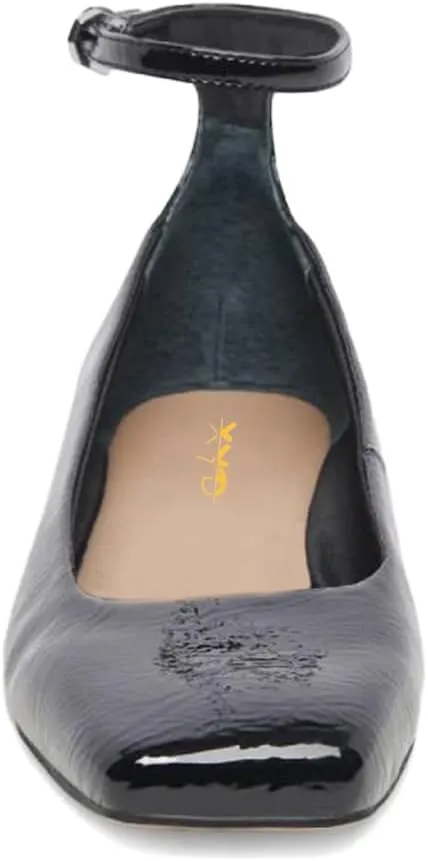 XYD Women Girls Closed Square Toe Flats Ankle Skinny Strap Buckle Glossy Chic Low Heel Casual Dress Shoes