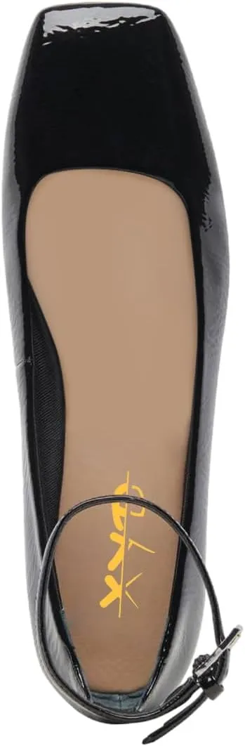 XYD Women Girls Closed Square Toe Flats Ankle Skinny Strap Buckle Glossy Chic Low Heel Casual Dress Shoes