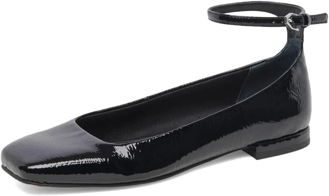 XYD Women Girls Closed Square Toe Flats Ankle Skinny Strap Buckle Glossy Chic Low Heel Casual Dress Shoes