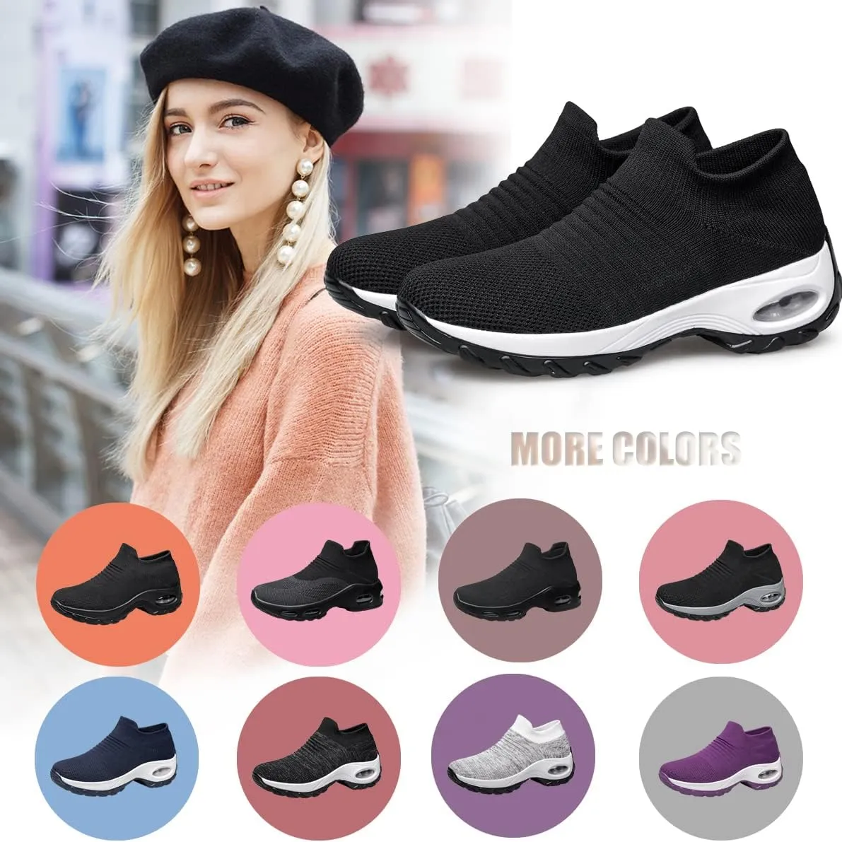 YHOON Women's Walking Shoes - Sock Sneakers Slip on Mesh Platform Air Cushion Athletic Shoes Work Nurse Comfortable