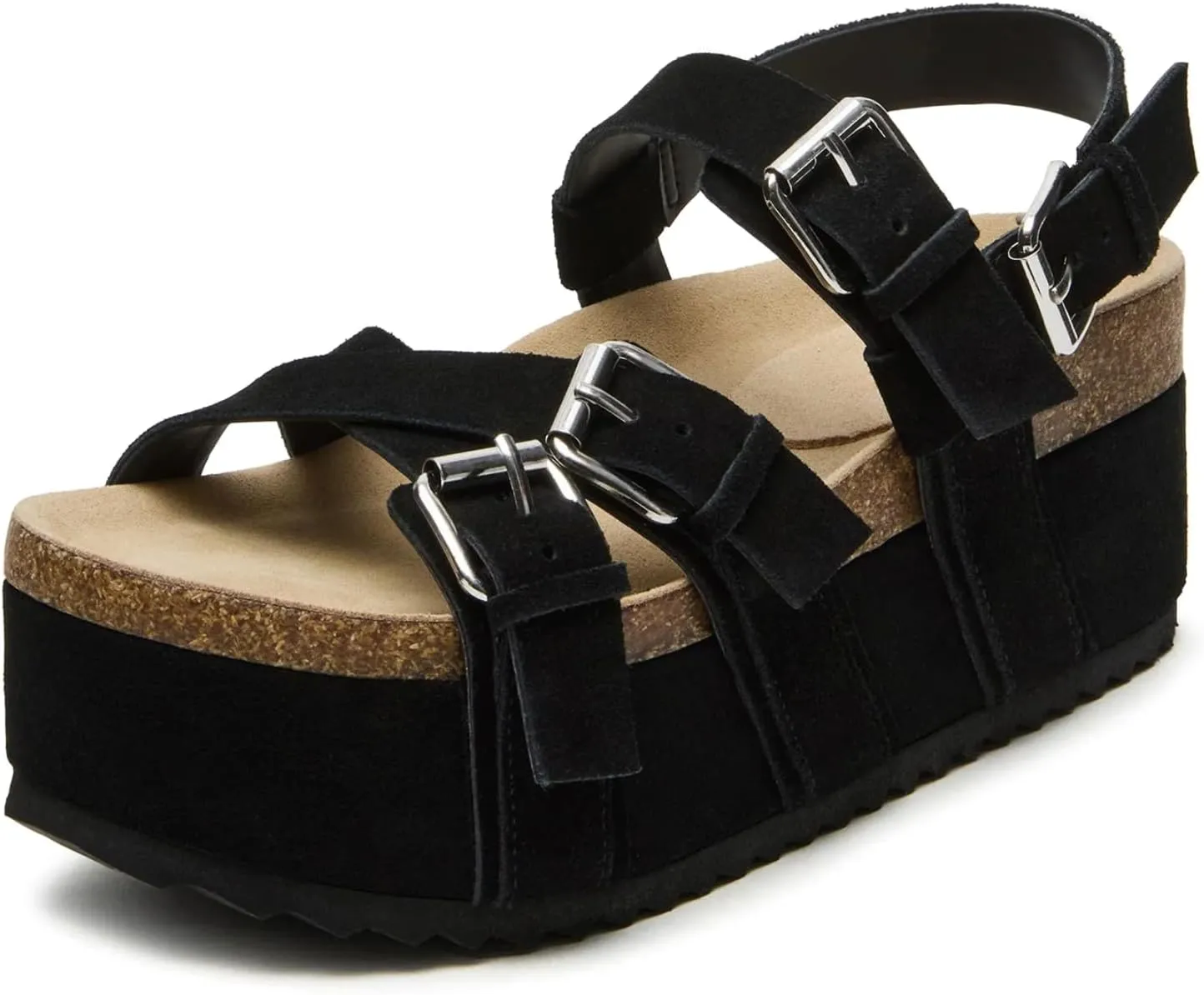 Yishaweiqi Women's Suede Strappy Platform Sandals Comfortable Cork Footbed Flatform Sandals Adjustable Buckle Straps Flat Clogs Wedge Sandals