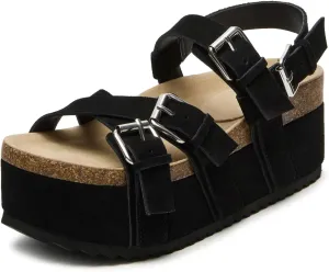 Yishaweiqi Women's Suede Strappy Platform Sandals Comfortable Cork Footbed Flatform Sandals Adjustable Buckle Straps Flat Clogs Wedge Sandals