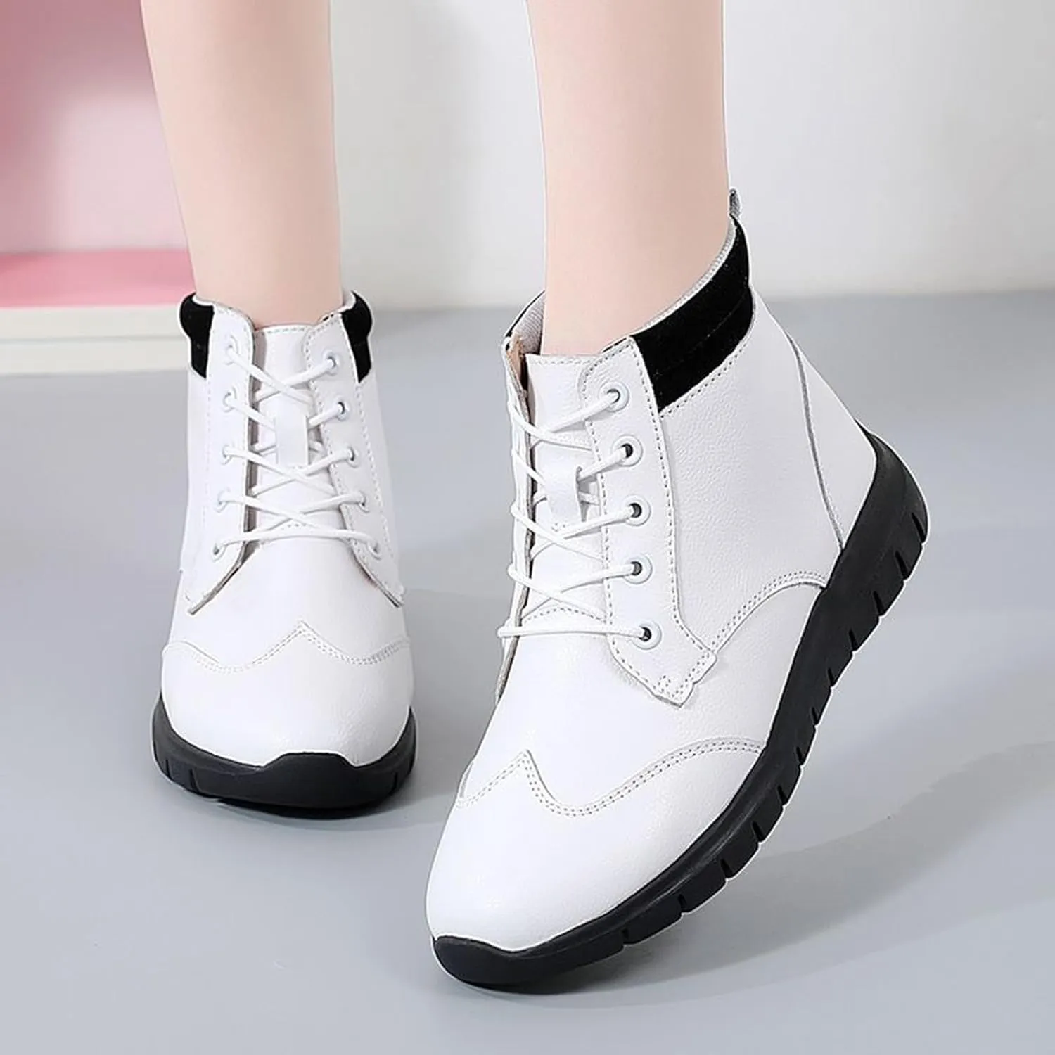 Zeberfi Women's Genuine Leather Flats Ankle Boots Fashion Round Toe Lace Up Soft Sole Casual Booties Retro Comfortable Lightweight High Top Walking Shoes
