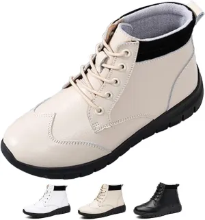 Zeberfi Women's Genuine Leather Flats Ankle Boots Fashion Round Toe Lace Up Soft Sole Casual Booties Retro Comfortable Lightweight High Top Walking Shoes