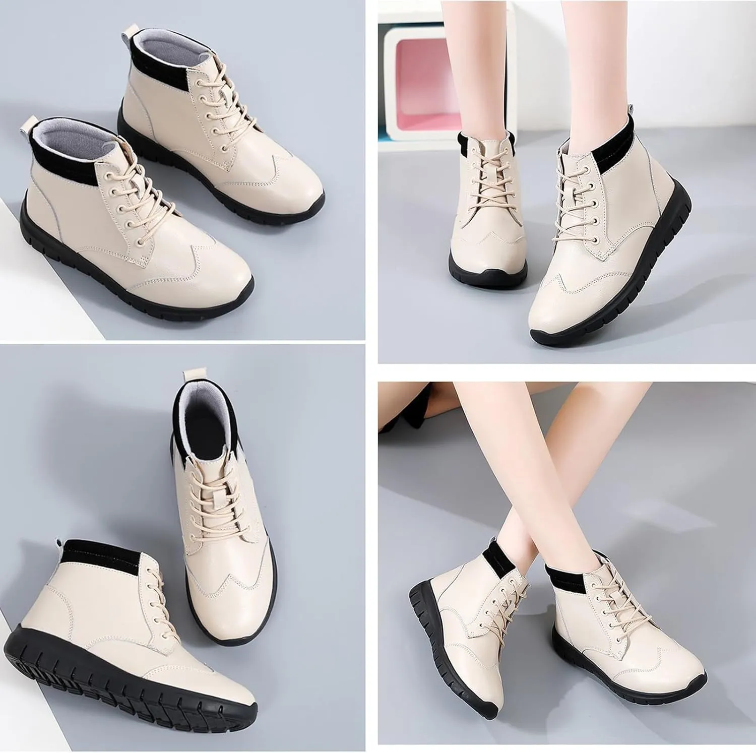 Zeberfi Women's Genuine Leather Flats Ankle Boots Fashion Round Toe Lace Up Soft Sole Casual Booties Retro Comfortable Lightweight High Top Walking Shoes